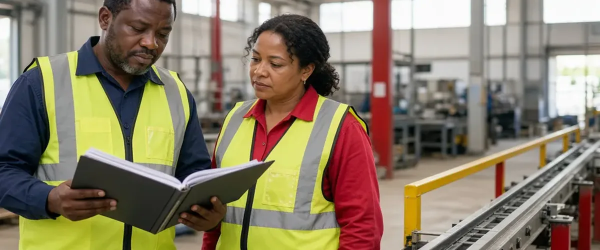 AI illustration of two factory workers in hi-vis vests reviewing a file on the production floor