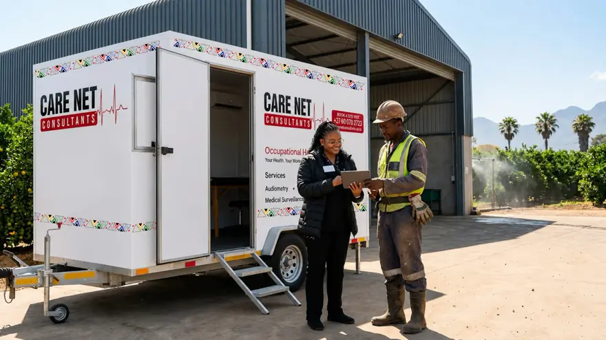 A Care Net mobile clinic on a farm, a nurse and a farm worker reviewing a medical on a tablet