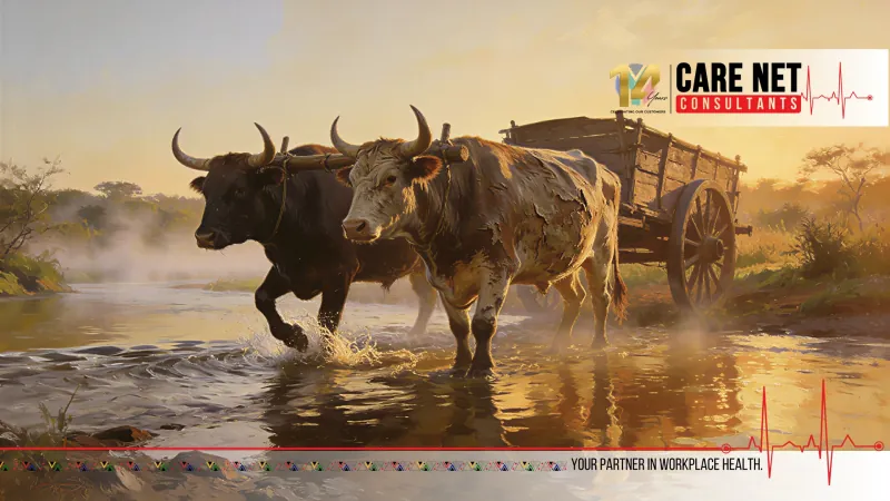 A painting of two oxen yoked together, pulling a wooden wagon through a shallow river drift at sunrise.