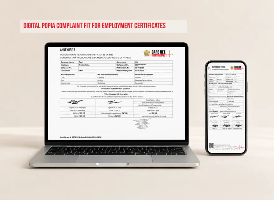 A Care Net digital medical certificate of fitness shown on a laptop and a mobile phone