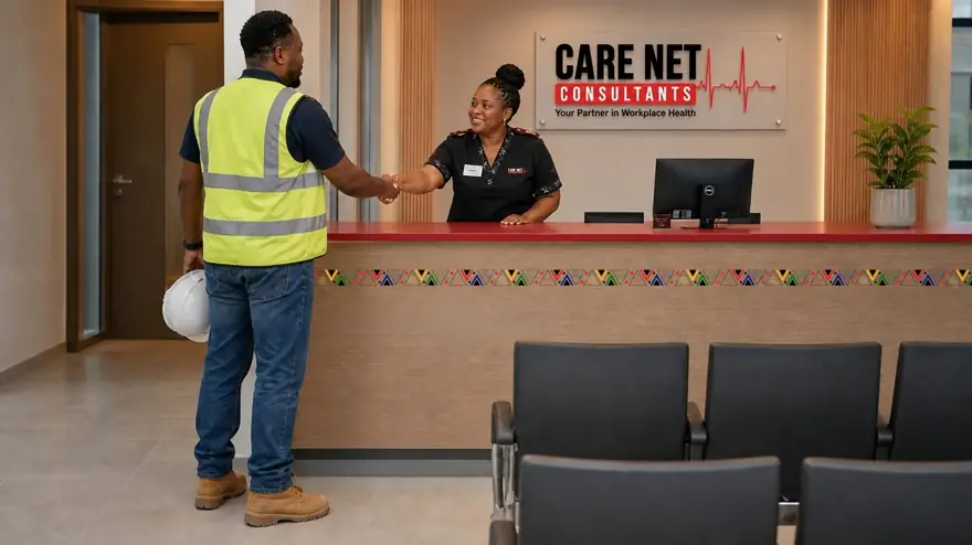 A Care Net nurse holds the clinic door open as a worker in PPE walks in