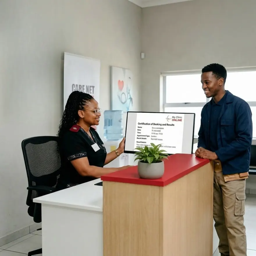 A Care Net practitioner shows a worker his verified record on My Clinic Online