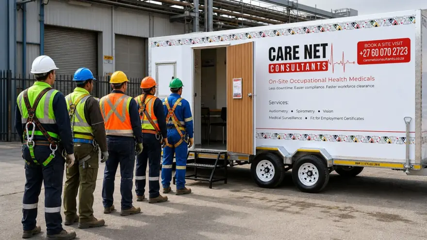 A Care Net mobile clinic at an industrial site.