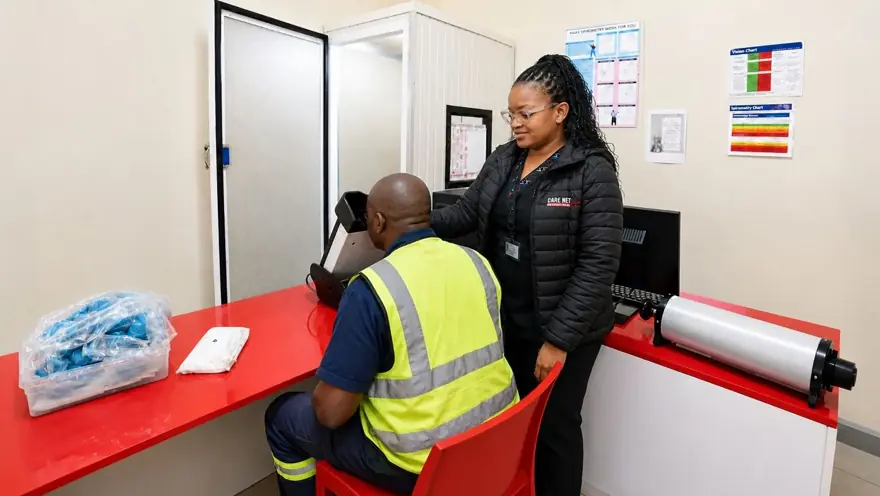A Care Net nurse running a vision screening for a logistics worker.